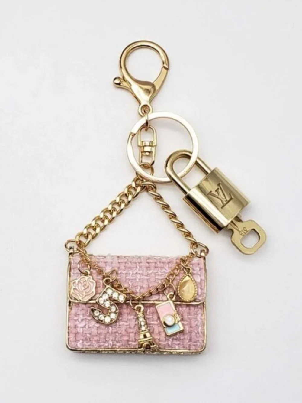 Louis Vuitton Gold Lock 🔒 Authentic LV Key + Unbranded Tweed Bag Charm